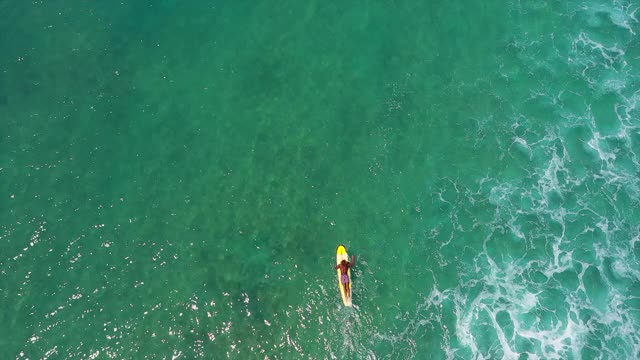 空中拍摄的人在冲浪板在阳光明媚的一天，无人机向前飞行冲浪者-瓦胡岛，夏威夷视频素材