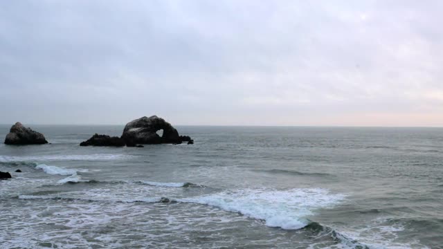 慢动作锁定拍摄的海浪拍打海岸对天空在日落-旧金山，加利福尼亚视频素材