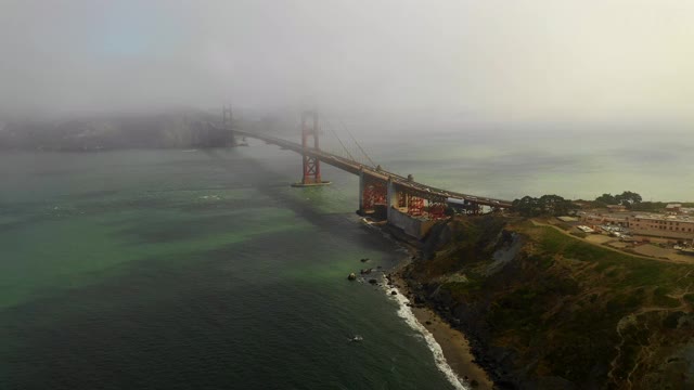 空中倾斜拍摄海湾下的金门大桥，无人机飞过海滩-旧金山，加利福尼亚视频素材