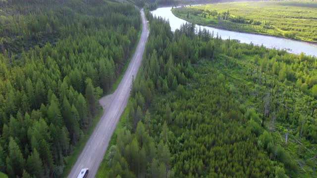 空中拍摄的车辆在绿树林中的道路上，无人机向后飞行在阳光明媚的一天景观-大北方平原，MT视频素材