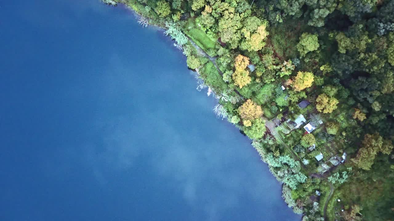 从空中俯瞰，深山湖的美景令人惊叹。无人机飞过美丽的湖边，那里有高大的松树和绿色的植物。干净的青绿色的水。大自然的原生态视频素材