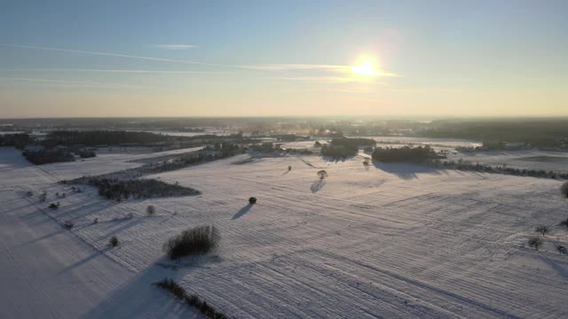 在冬天飞过农村多雪的农田视频素材