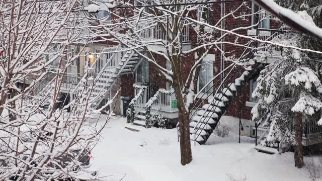 在暴风雪的黎明，蒙特利尔的罗斯蒙特住宅区的高架视图视频素材