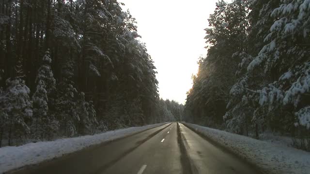 美丽的冬季道路与树木在雪和汽车在阳光视频下载