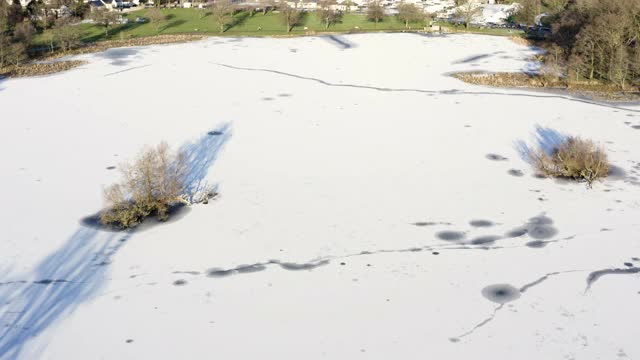 这是苏格兰一个被冰雪覆盖的小湖的鸟瞰图视频素材