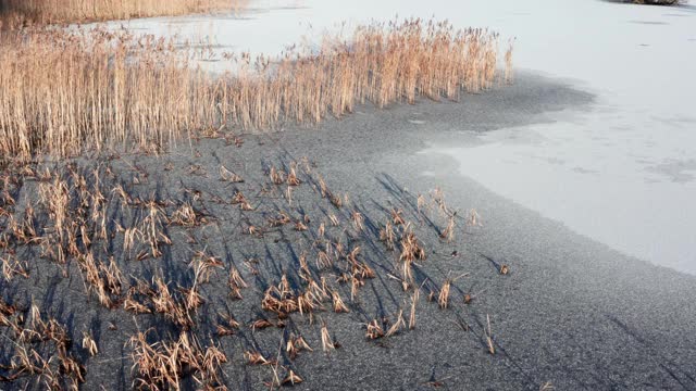 这是一架无人机飞过苏格兰一个冰雪覆盖的湖上空时拍摄的画面视频素材