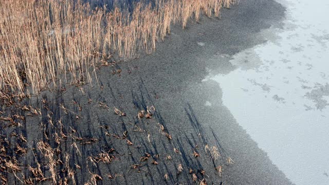 这是一架无人机在苏格兰一个冰雪覆盖的湖面上空拍摄的高角度照片视频素材