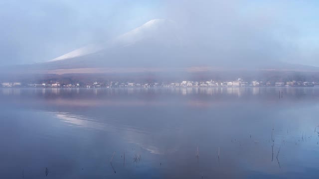 薄雾清晨，富士山和山中湖上的天鹅倒映视频素材