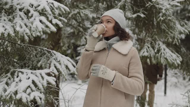 快乐的多民族夫妇在树林里散步视频素材