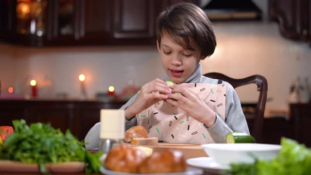 褐发白人小男孩在家享受三明治。放松的孩子在厨房咬和咀嚼零食的肖像。快乐的孩子在室内吃午餐。视频素材