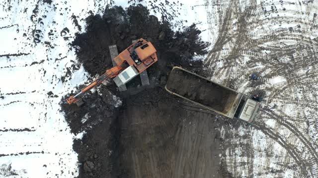 履带式挖掘机挖掘地面大修道路鸟瞰图。工程机械在工程中从事高能耗、重体力劳动视频素材