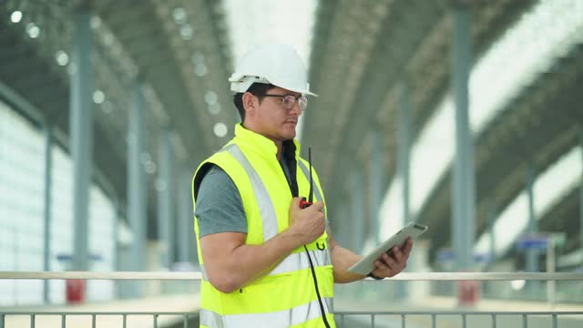 一个男技术工程师走过一个大型现代化火车站，商业、工业、旅游、现代化的服务站视频素材