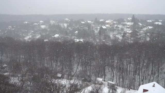 飘落的雪花映衬着房屋和森林。缓慢的运动。视频素材