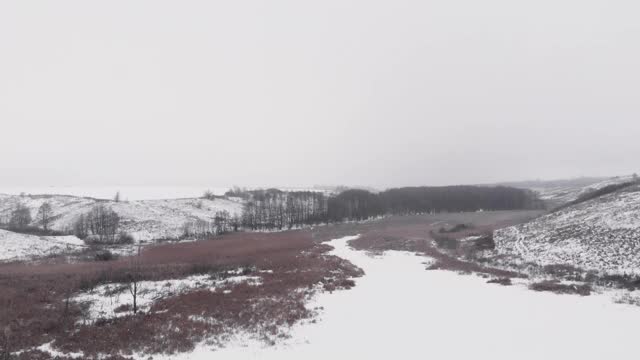 冬天的本性。森林和湖在雪。无人机飞过结冰的池塘视频素材