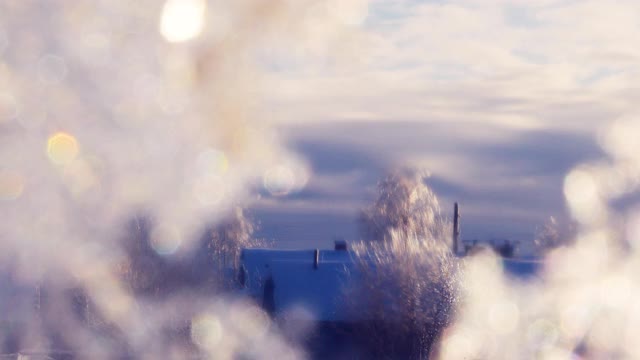 窗户上的冬季图案。阳光明媚的一天。一切都被雪覆盖着。雪和冰闪闪发光。手持摄像。温暖的光视频素材