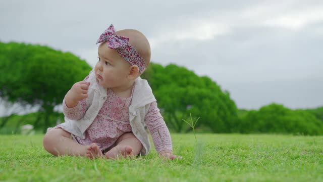 有趣的小白人婴儿坐在公园的绿色草坪上。学习和研究周围的世界。视频素材