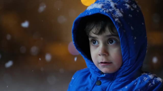 学前班的男孩晚上在雪地里玩。视频素材