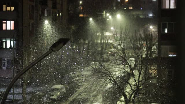 美丽的冬季景观与飘落的雪。城市的冬夜视频素材