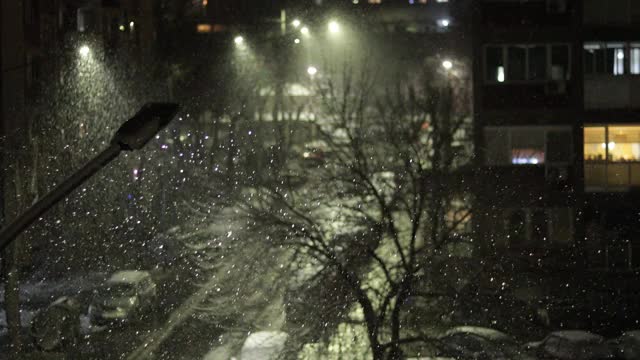 美丽的冬季景观与飘落的雪。城市的冬夜视频素材