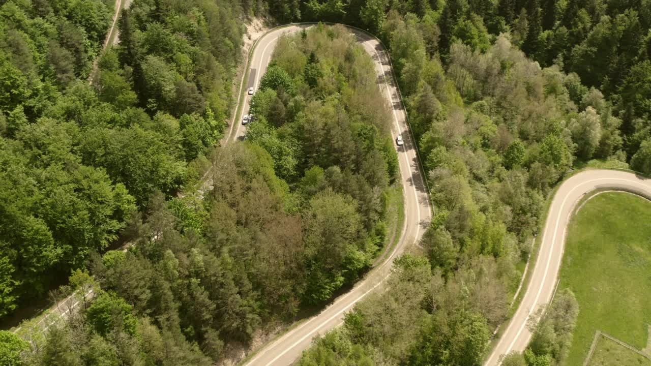 森林里蜿蜒的道路。从无人机的角度看汽车旅行视频素材