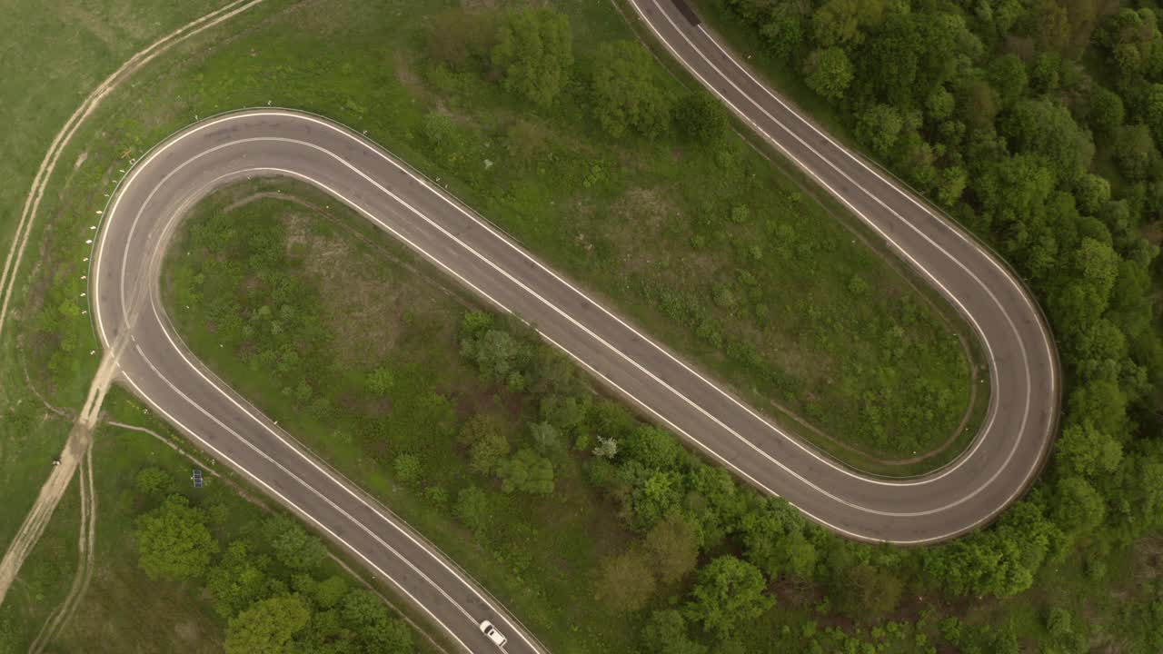 森林里蜿蜒的道路。从无人机的角度看汽车旅行视频素材