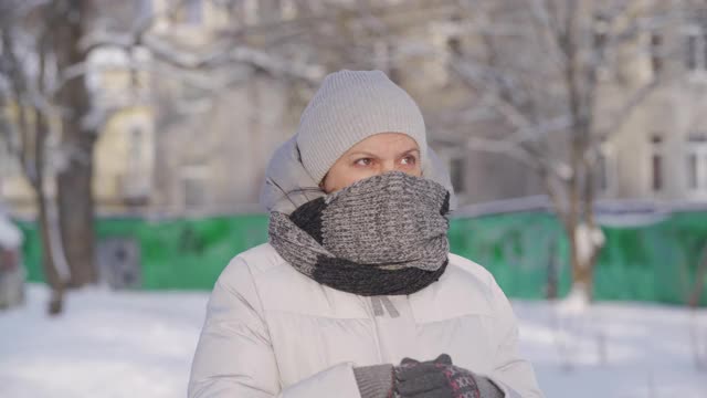 在寒冷的日子里，孕妇穿着暖和的夹克，带着兜帽，走在下雪的公园里视频素材