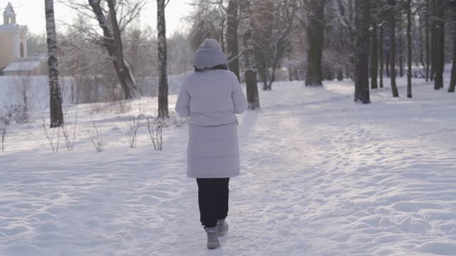 在寒冷的阳光明媚的日子里，孕妇在冬天暖和的夹克和兜帽漫步在下雪的公园里视频素材