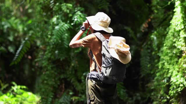 亚洲女性游客在热带森林旅行和冒险。视频素材