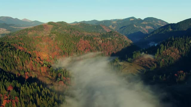 神奇的喀尔巴阡山脉，日出时山脚下有雾视频素材