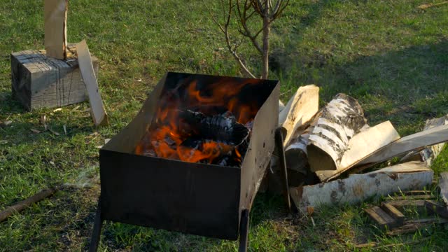 一个男人用斧头劈桦木作铁炉视频素材