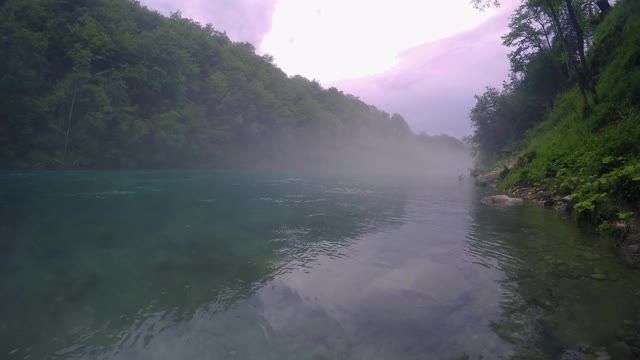 以山为背景的森林中水沿河岸流下。视频素材