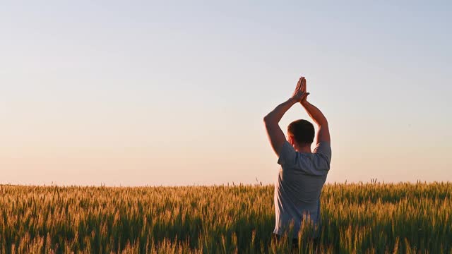 黎明时分，一个男人站在草地上做瑜伽。视频素材