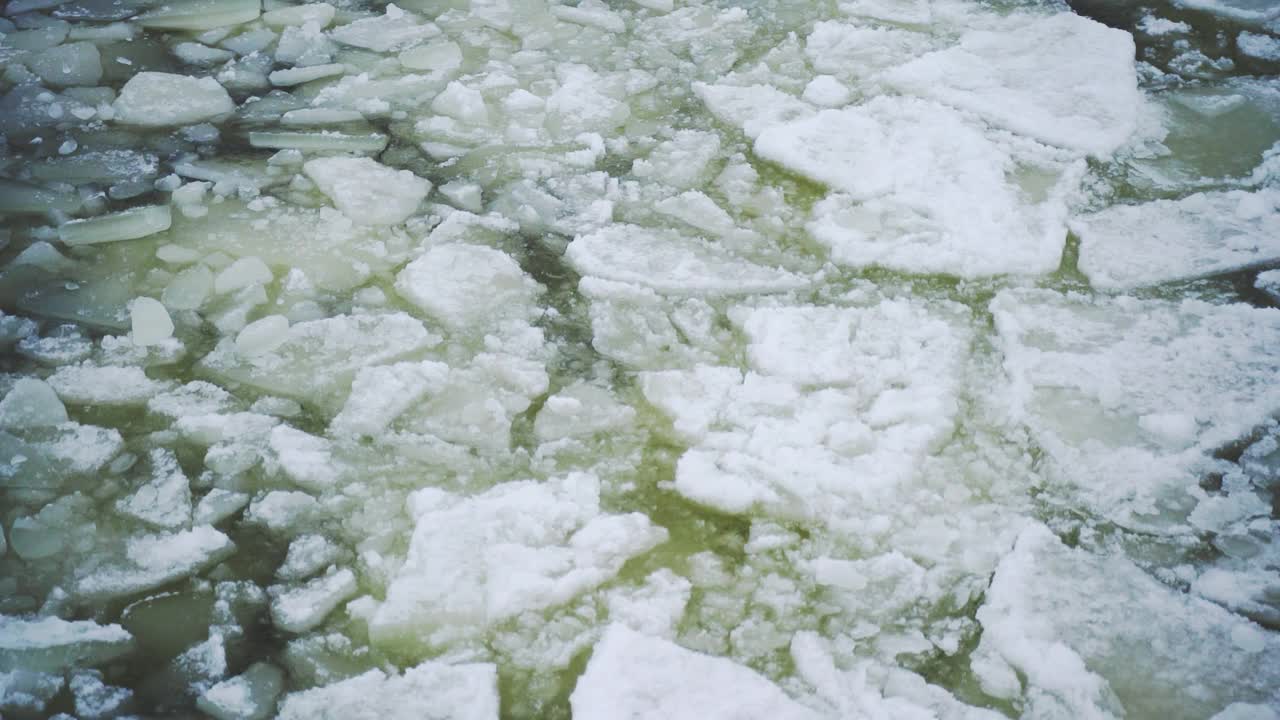 破碎的浮冰鸟瞰图。全球变暖，气候变化为冬季背景视频素材