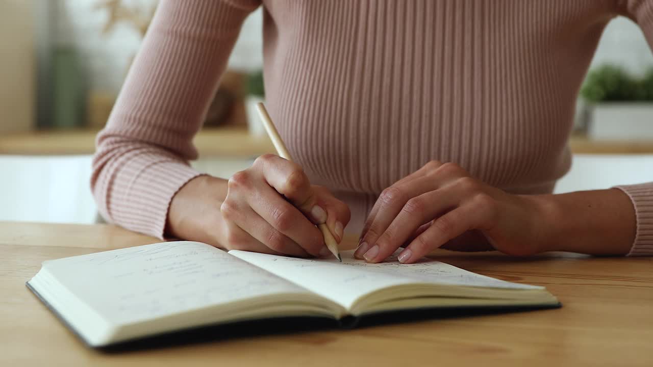 年轻女子在抄写本上做笔记。视频素材