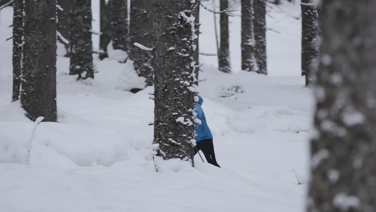 职业运动员的慢动作镜头，越野滑雪运动员在冰雪覆盖的冰冻森林中滑行视频素材