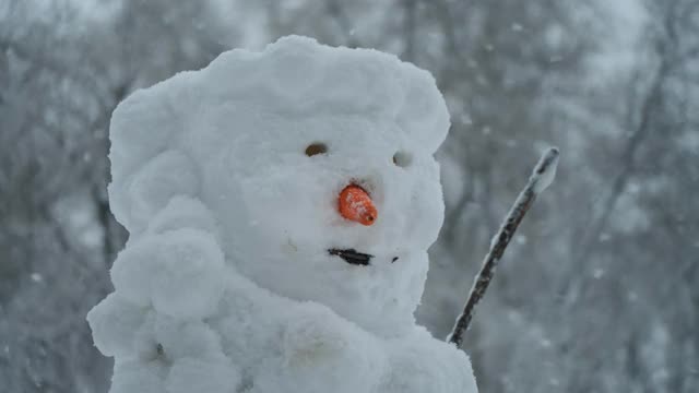 特写快乐滑稽的雪人的背景下的大雪。视频素材