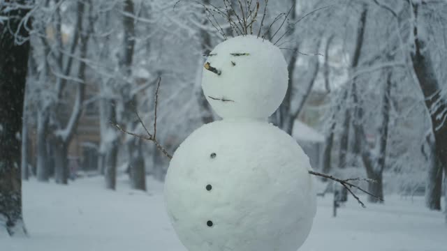 快乐有趣的雪人，背景是一场大雪。镜头缩放视频素材