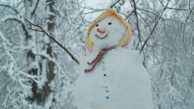 快乐有趣的雪人女孩，背景是一场大雪。镜头缩放视频素材