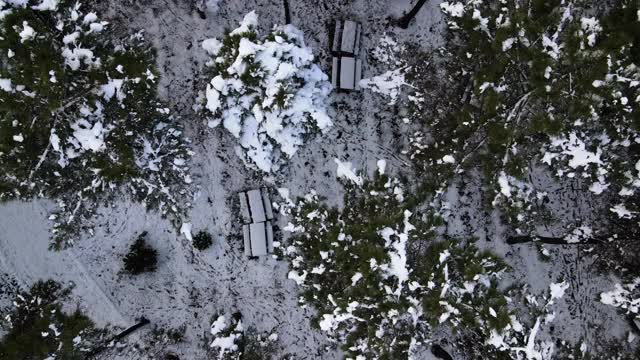 飞行在史诗般的冰雪覆盖森林之上，在寒冷的冬季景观，雪覆盖野餐区，雪覆盖休闲区，雪覆盖树木视频素材