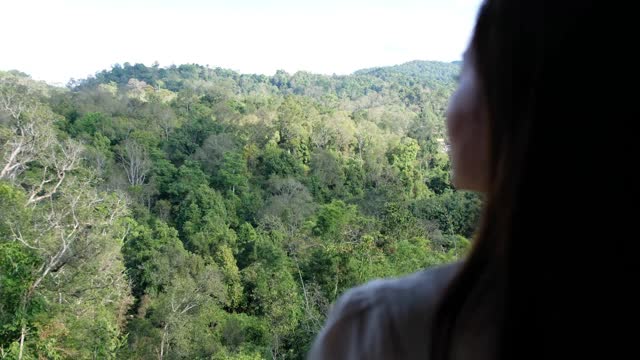 一个女性旅行者的后视图看一个美丽的绿色山景视频素材