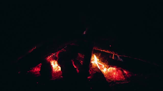 在夜晚燃烧篝火-特写视频素材