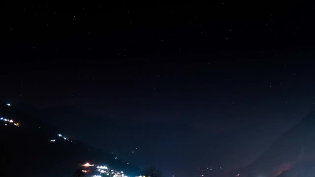 苍白的月光照亮了白雪皑皑的山峰和天空中尖尖的星迹视频素材