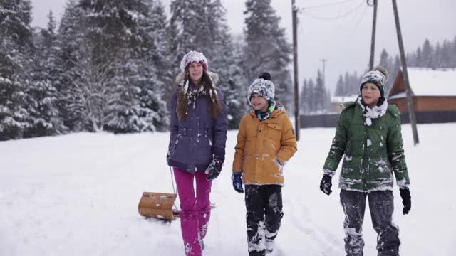 孩子们在冬季玩极限雪橇后回家视频素材