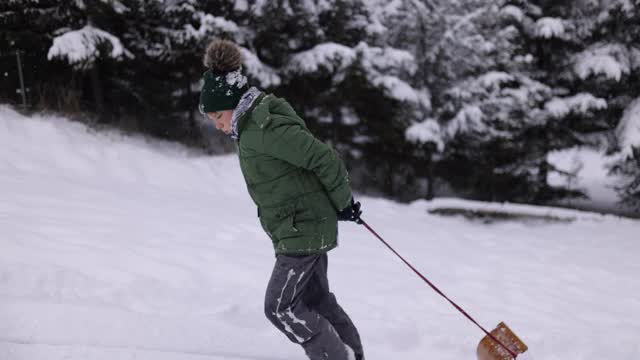 一个小男孩在冬天拉雪橇视频素材