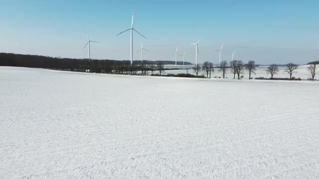 白雪覆盖的田野上有奔跑的鹿，背景是风力发电厂。视频素材