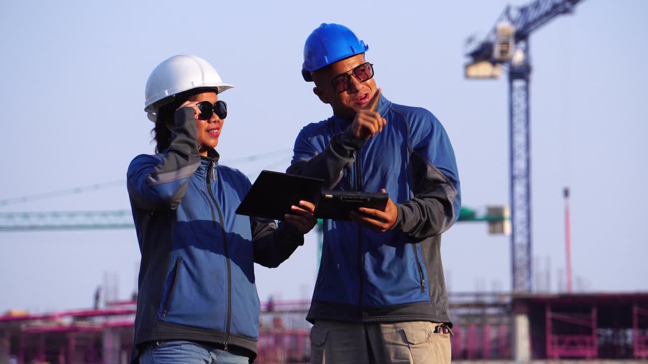 在建筑工地工作的亚洲建筑工人视频素材