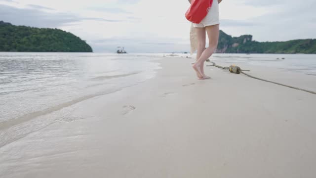 亚洲年轻女子在海边捡垃圾，海岛海滩边旅行，独自在海滩上行走，志愿收集垃圾塑料垃圾瓶子。全球变暖环境保护视频素材