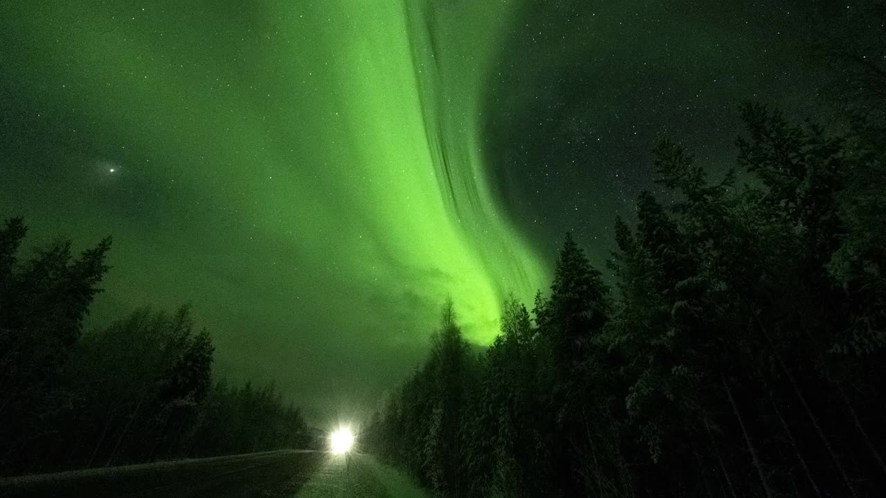 在森林道路上行驶的汽车上北极光的时间间隔。视频素材