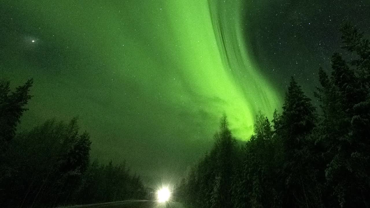 在森林道路上行驶的汽车上北极光的时间间隔。晚上时间流逝。视频素材