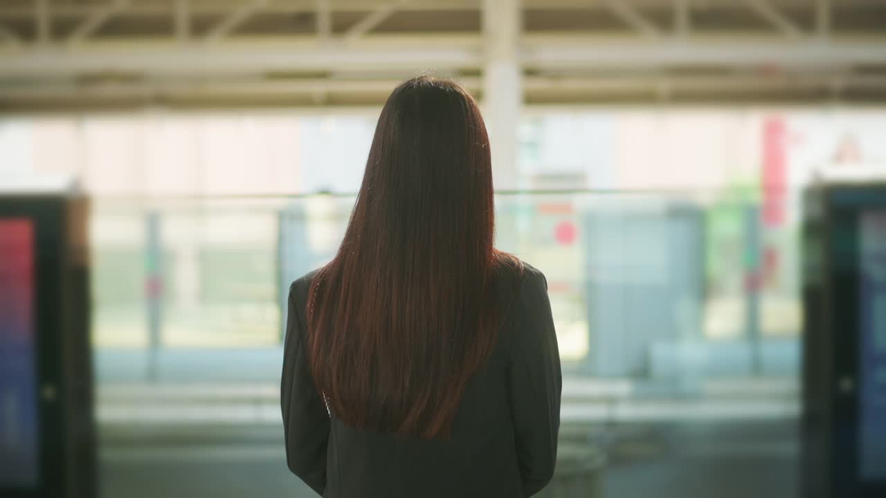 一位年轻的女商人正站在地铁站台的背面。视频素材